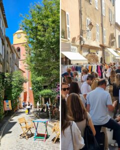 Ruelle pittoresque du vieux Saint-Tropez avec vue sur le clocher et ambiance animée pendant la Grande Braderie dans les rues commerçantes du village.