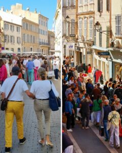 Deux scènes du marché de Saint-Tropez montrant les ruelles animées, les étals et les visiteurs profitant de l’ambiance provençale sous le soleil.